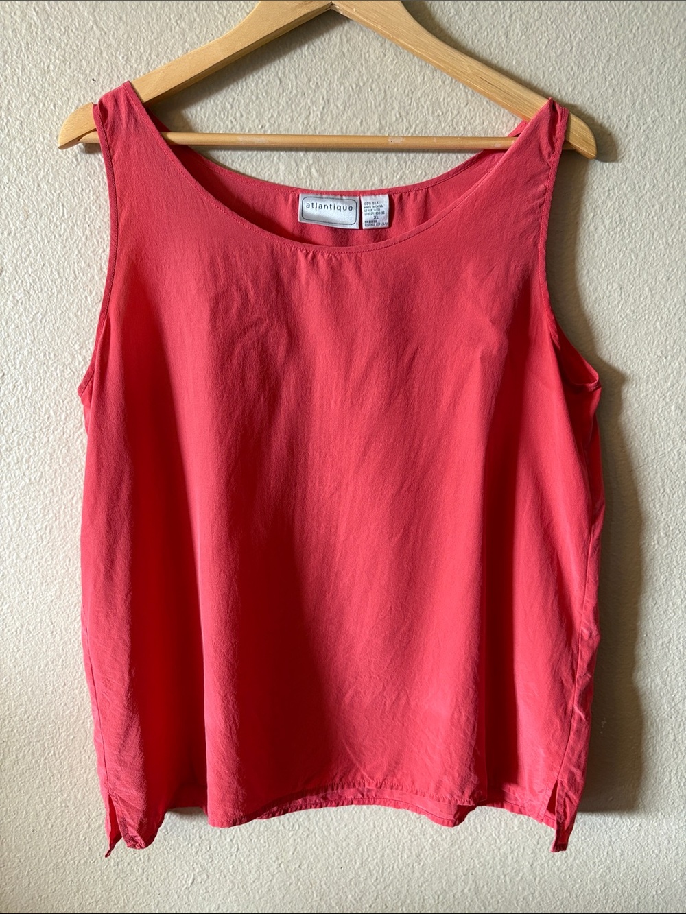 Silk Tank Top Womens XL Coral Sleeveless Blouse Lightweight Scoop Neck